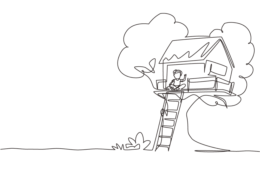 kid waving from illustrated treehouse